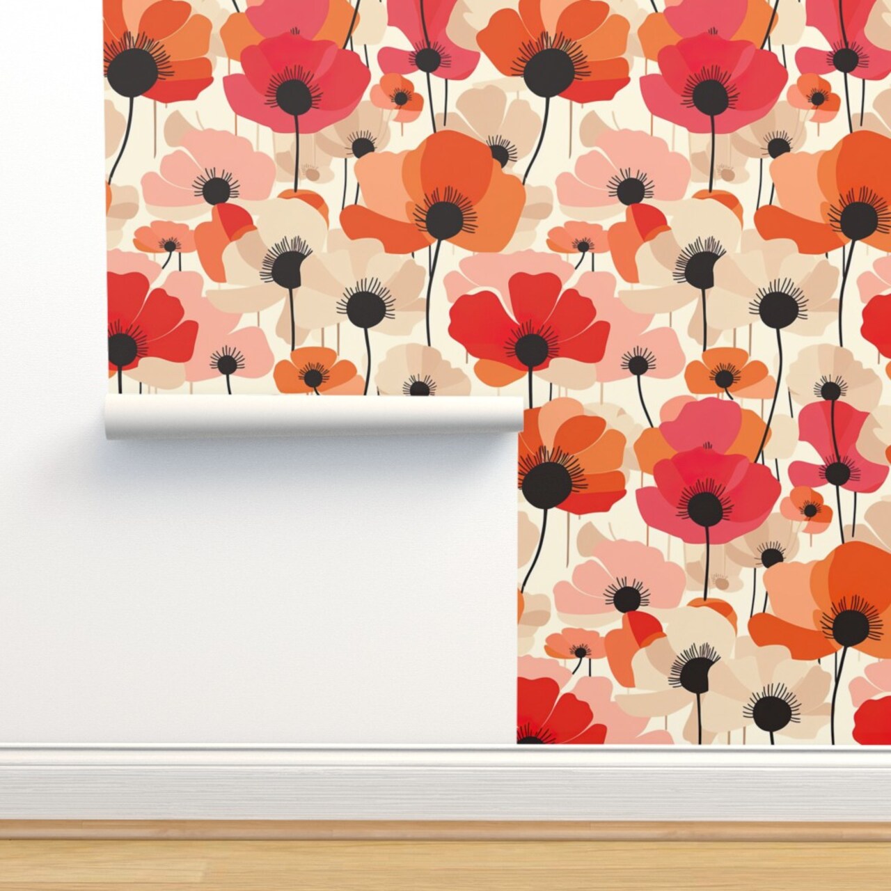 Flowers Modern Poppies Pinks Botanical Minimalist Finnish Floral Print Poppy Field Scandi Large Scale Retro Vintage Custom Removable Wallpaper by Spoonflower Peel & Stick Wallpaper 2FT Wide